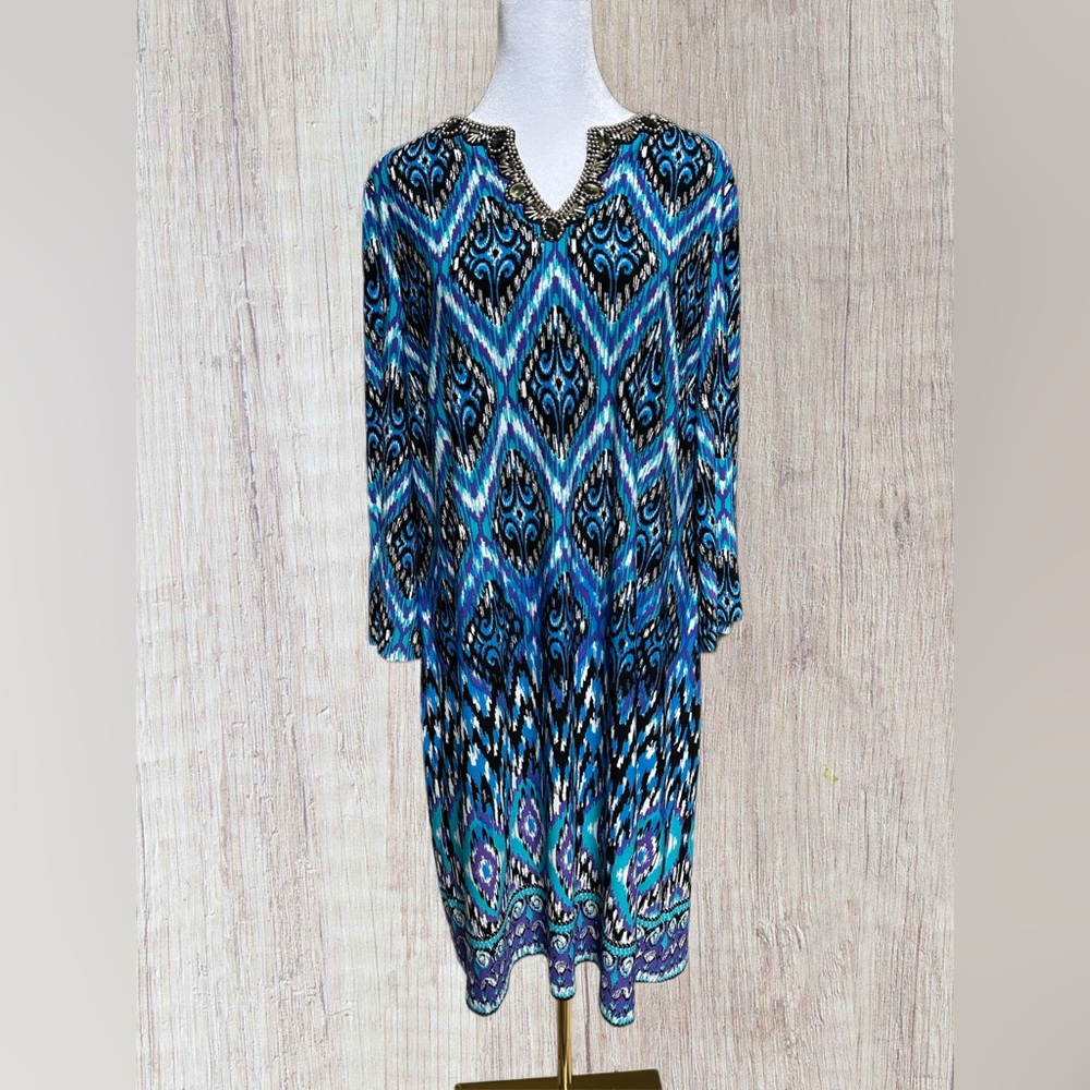 Chico’s Dress Women's Blue Black Beaded Neck 3/4 Sleeve Shift Dress Size 2 or L